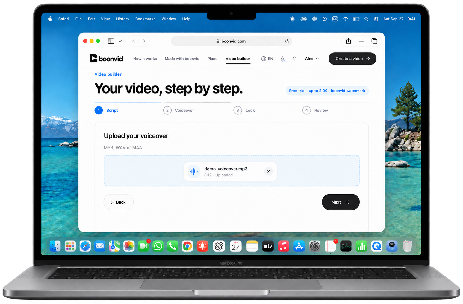 boonvid video builder: a script and the recording demo-voiceover.mp3 are uploaded, the review step shows script, voiceover, look and music before the build